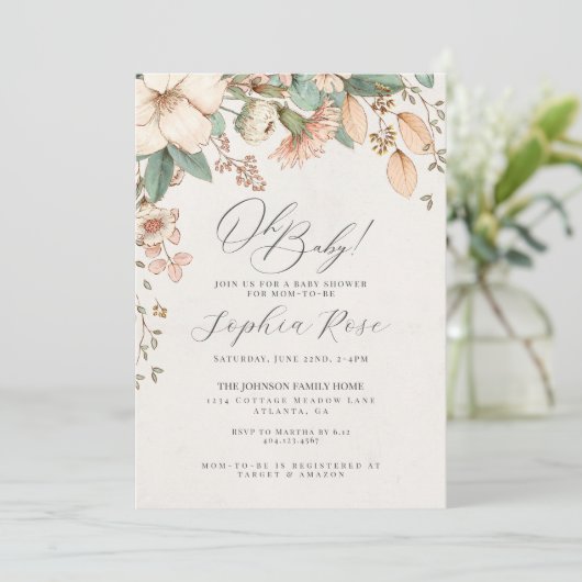 Oh Baby roze wilde bloem bloemenmeisje baby shower (Staand voorkant)