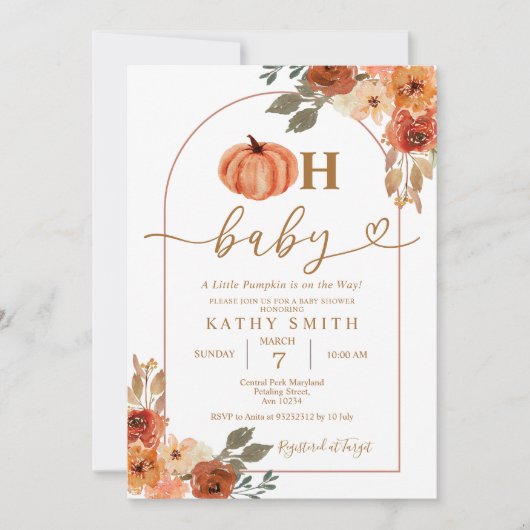 Oh Baby Rustic Boho Floral Pumpkin Baby shower Kaart (Voorkant)