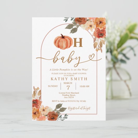 Oh Baby Rustic Boho Floral Pumpkin Baby shower Kaart (Staand voorkant)