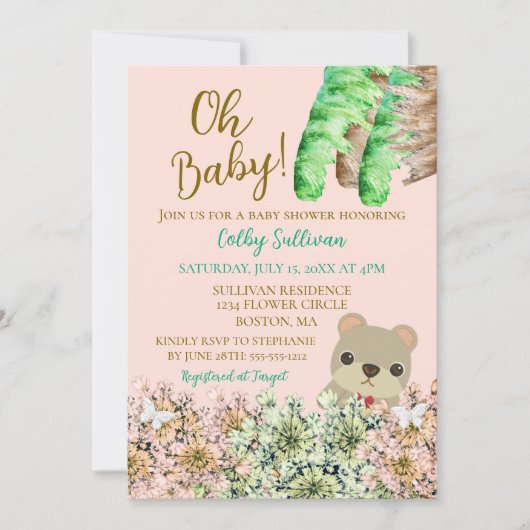 Oh Baby Rustic Greenery Teddy Bear Baby shower Kaart (Voorkant)