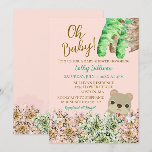 Oh Baby Rustic Greenery Teddy Bear Baby shower Kaart (Voorkant / Achterkant)