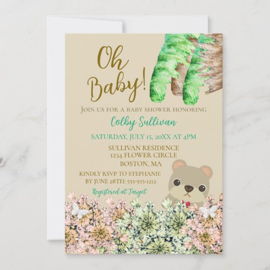 Oh Baby Rustic Greenery Teddy Bear Baby shower Kaart (Voorkant)