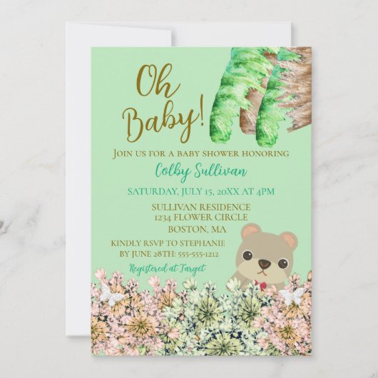Oh Baby Rustic Greenery Teddy Bear Baby shower Kaart (Voorkant)