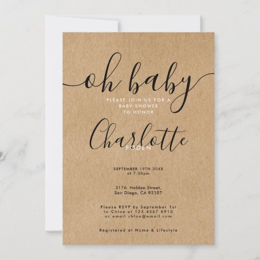 Oh Baby Rustic Kraft Baby shower / Sprinkle Kaart (Voorkant)