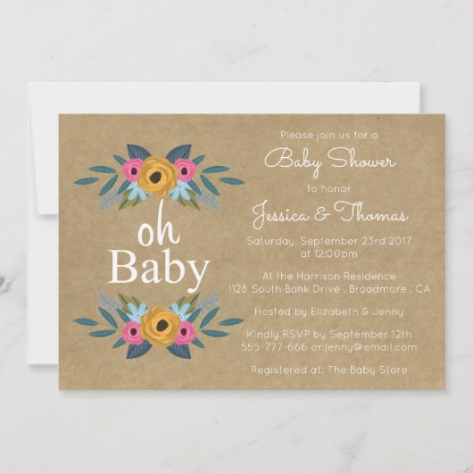 Oh Baby! Rustic Kraft Floral Wreath Baby shower Kaart (Voorkant)