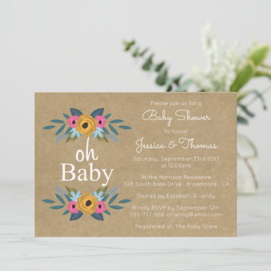 Oh Baby! Rustic Kraft Floral Wreath Baby shower Kaart (Staand voorkant)