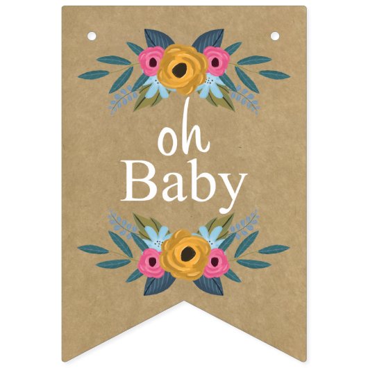 Oh Baby! Rustic Kraft Floral Wreath Baby shower Vlaggetjes (Tweede vlag)