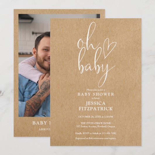 Oh Baby Rustic Kraft Foto Baby shower Kaart (Voorkant / Achterkant)