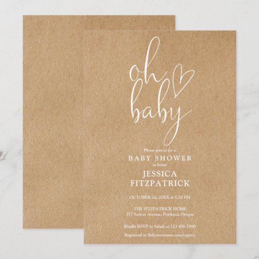Oh Baby Rustic Kraft Genderneutraal Baby shower Kaart (Voorkant / Achterkant)