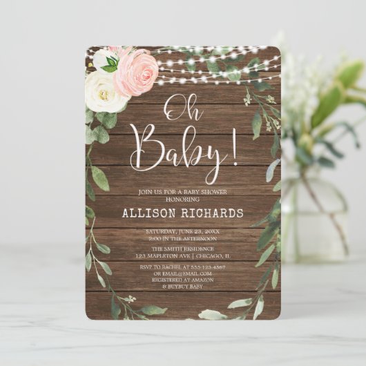 Oh Baby Rustic licht roze groen baby shower Kaart (Staand voorkant)