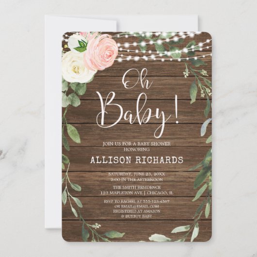 Oh Baby Rustic licht roze groen baby shower Kaart (Voorkant)