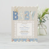 Oh Baby Rustic Wood Lace Blue Ivory Boy Kaart (Staand voorkant)