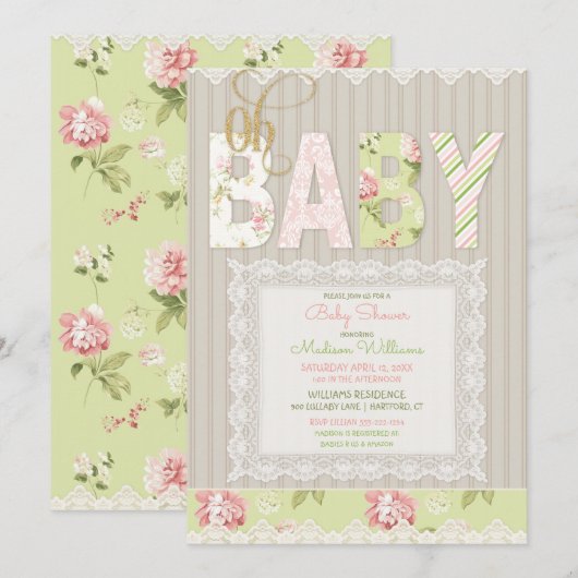 Oh Baby Rustic Wood Lace Pink Green Girl Kaart (Voorkant / Achterkant)