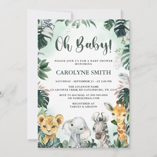 Oh Baby Safari Animals Baby shower Invitation Kaart (Voorkant)