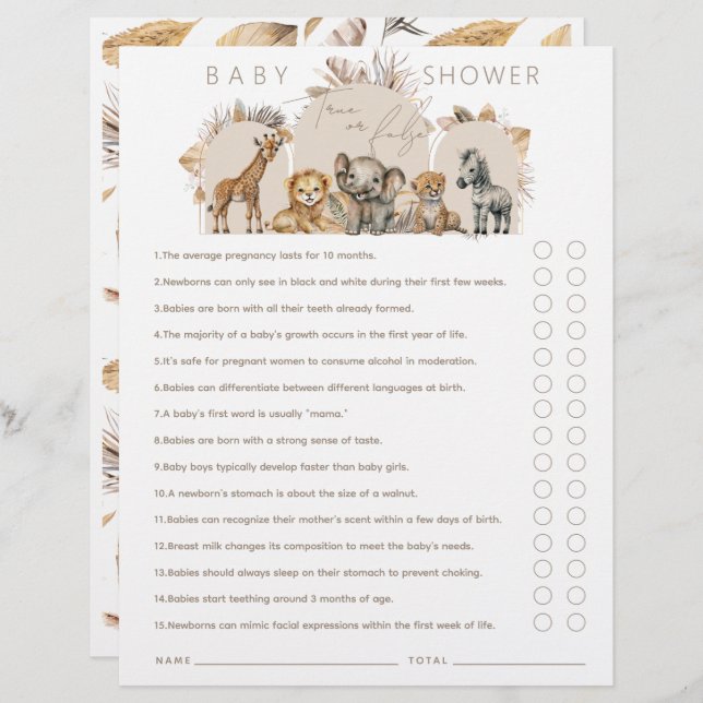 Oh Baby Safari Animals Boho Baby shower game (Voorkant / Achterkant)