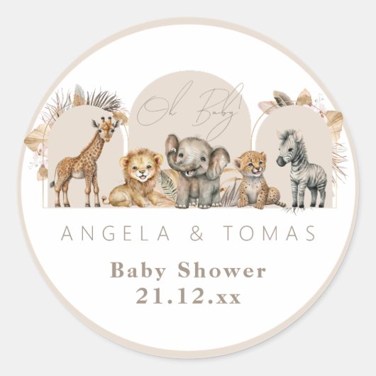 Oh Baby Safari Animals Boho Baby shower Ronde Sticker (Voorkant)