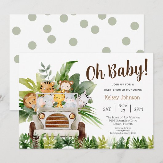 Oh Baby Safari Oerwoud Zoo Animals Boy Baby shower Kaart (Voorkant / Achterkant)