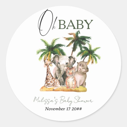 Oh Baby Safari Wilde Dieren Tropisch Baby shower Ronde Sticker (Voorkant)
