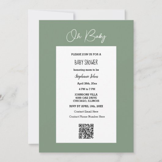 Oh Baby Sage Green Baby shower QR Code Script Kaart (Voorkant)