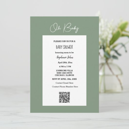 Oh Baby Sage Green Baby shower QR Code Script Kaart (Staand voorkant)
