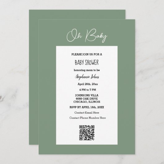 Oh Baby Sage Green Baby shower QR Code Script Kaart (Voorkant / Achterkant)