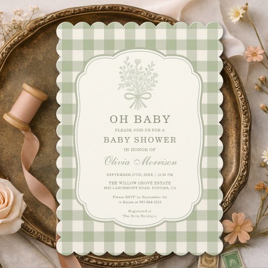 Oh Baby Sage Green Gingham Baby Shower Kaart