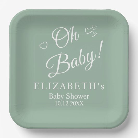"Oh Baby" Sage Green Modern Minimalistisch Baby sh Papieren Bordje (Voorkant)