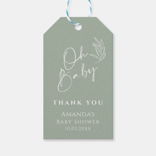 Oh Baby Sage Groen Modern Baby shower Dank u Cadeaulabel (Voorkant)