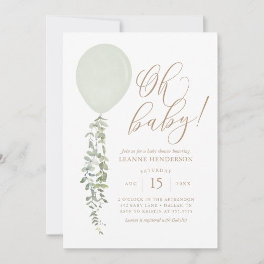 Oh Baby Sage Groene Ballon Eucalyptus Baby shower Kaart (Voorkant)