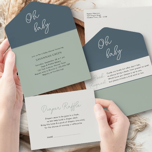 Oh Baby Sage Groene Boeken Luiers en Baby shower All In One Uitnodiging