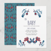 Oh Baby Scandinavische Vogels Folk Art Koppel Baby Kaart (Voorkant / Achterkant)