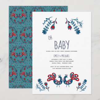 Oh Baby Scandinavische Vogels Folk Art Koppel Baby Kaart