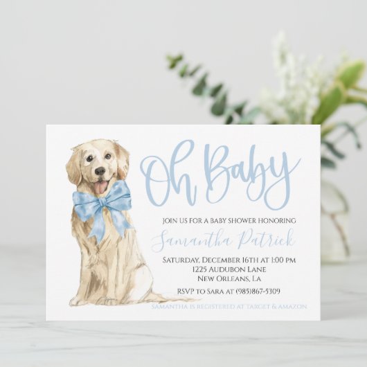 Oh Baby! Schattigee Dog Blue Boy Shower Uitnodigin Kaart (Staand voorkant)