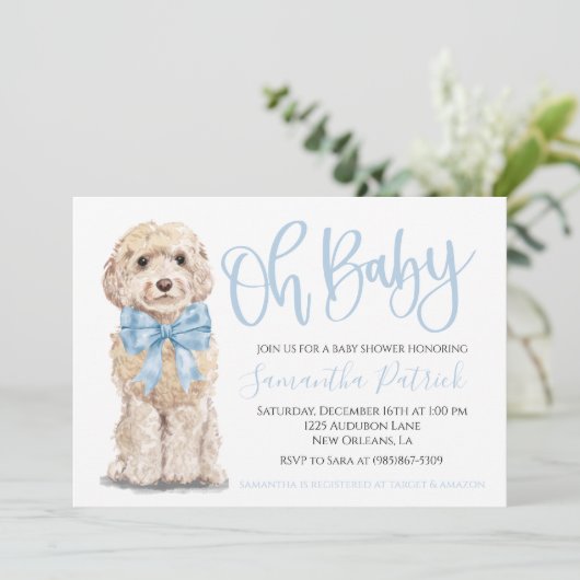 Oh Baby! Schattigee Puppy Dog Boy Baby shower Uitn Kaart (Staand voorkant)
