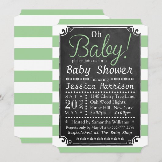 Oh Baby! Schoolbord & Groene Streep Baby Shower Kaart (Voorkant / Achterkant)