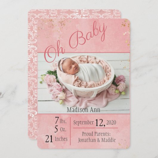 Oh Baby Script Baby Girl Elegant Personaliseer geb Aankondiging (Voorkant / Achterkant)