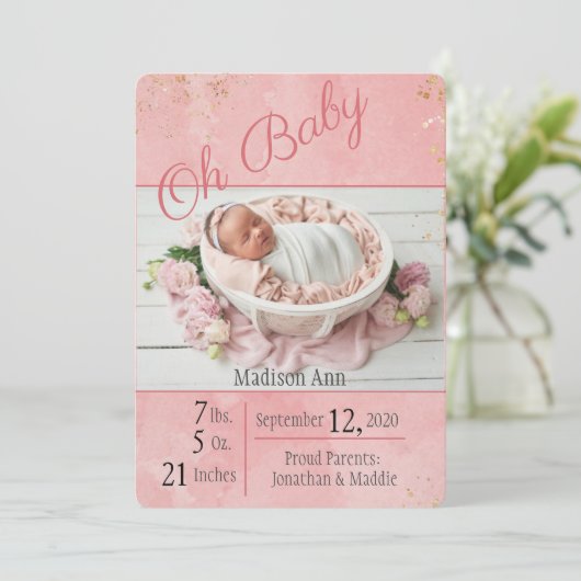 Oh Baby Script Baby Girl Elegant Personaliseer geb Aankondiging (Staand voorkant)