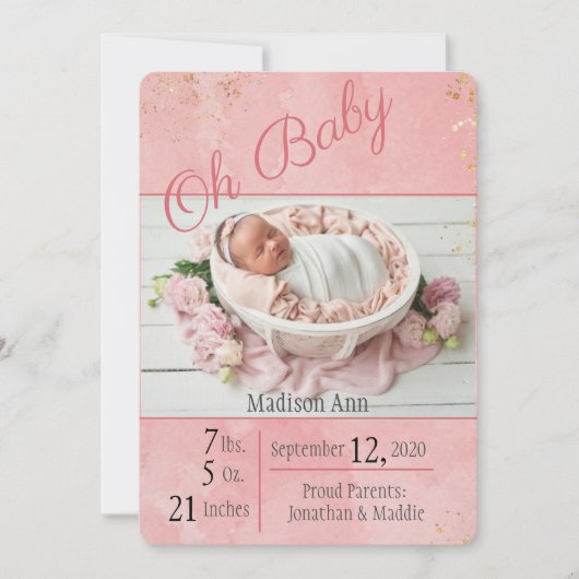 Oh Baby Script Baby Girl Elegant Personaliseer geb Aankondiging (Voorkant)