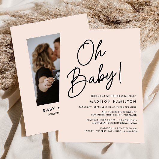 Oh Baby Script Blush Minimalist Photo Baby shower Kaart