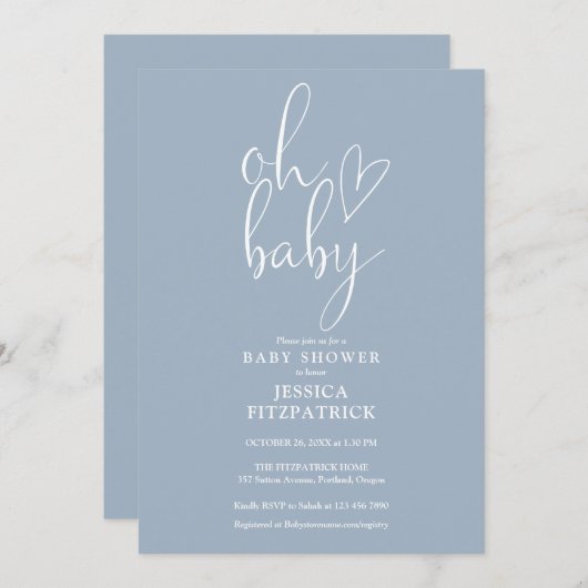 Oh Baby Script Dusty Blue Boy Baby shower Kaart (Voorkant / Achterkant)