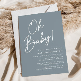 Oh Baby Script Dusty Blue Minimalist Baby shower Kaart