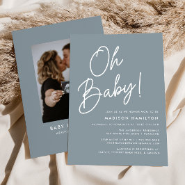 Oh Baby Script Dusty Blue Photo Baby shower Kaart
