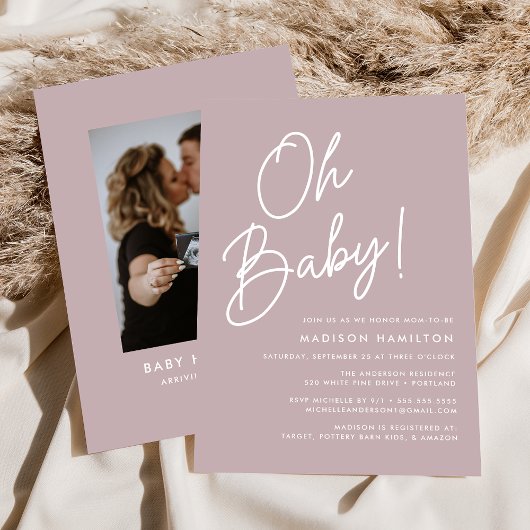 Oh Baby Script Dusty Paars Photo Baby shower Kaart