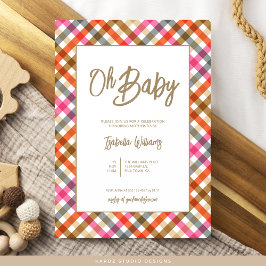 Oh Baby Script Gingham Baby shower Invitation Kaart