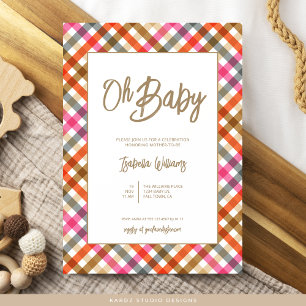 Oh Baby Script Gingham Baby shower Invitation Kaart