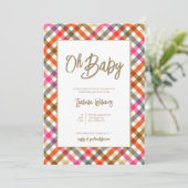 Oh Baby Script Gingham Baby shower Invitation Kaart (Staand voorkant)