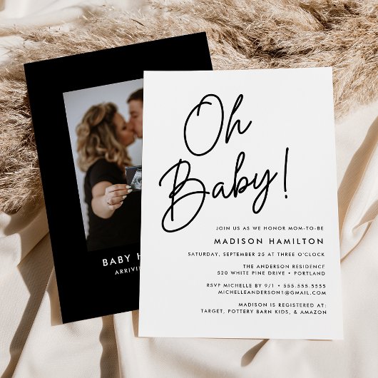 Oh Baby Script Minimalist Photo Baby shower Kaart