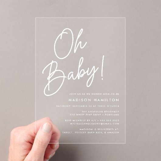 Oh Baby Script minimalistisch Baby shower Acryl Uitnodigingen (Insitu (Draagbaar))
