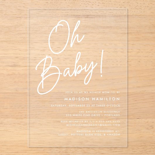Oh Baby Script minimalistisch Baby shower Acryl Uitnodigingen (Voorkant)