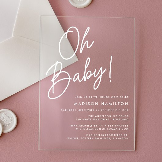 Oh Baby Script minimalistisch Baby shower Acryl Uitnodigingen